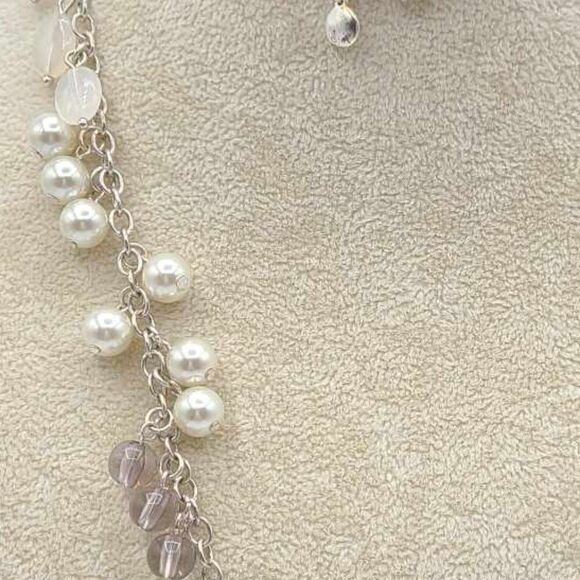 J Crew Silver Tone Faux Pearl Crystal Beads Ball Long Necklace - Picture 8 of 10